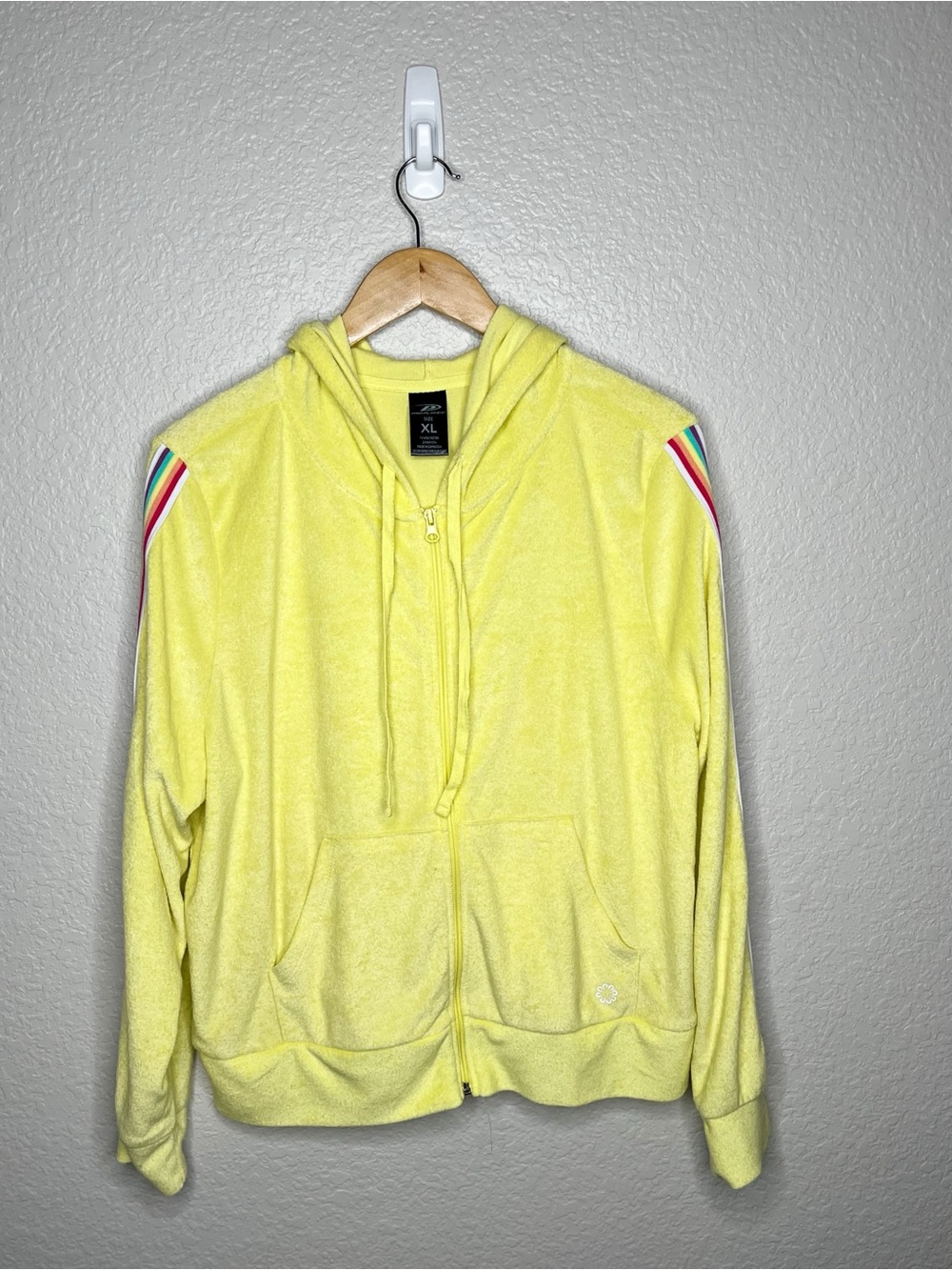 Y2K Yellow Velour Zip Up Hoodie Rainbow‎ Stripe Athleisure Jacket Women’s XL
